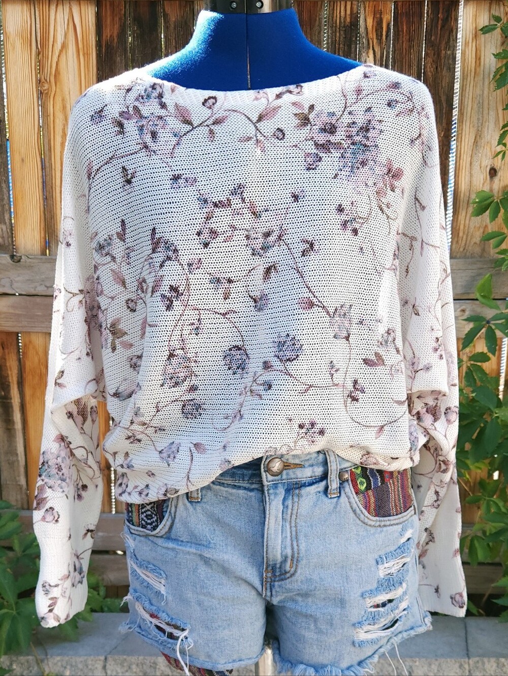 Anna Melani Made in Italy Floral Knit Oversized Batwing Cream Sweater M